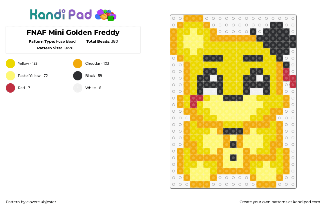 FNAF Mini Golden Freddy - Fuse Bead Pattern by cloverclubjester on Kandi Pad - freddy fazbear,fnaf,five nights at freddys,cute,teddy,video game,character,horror,gold,yellow