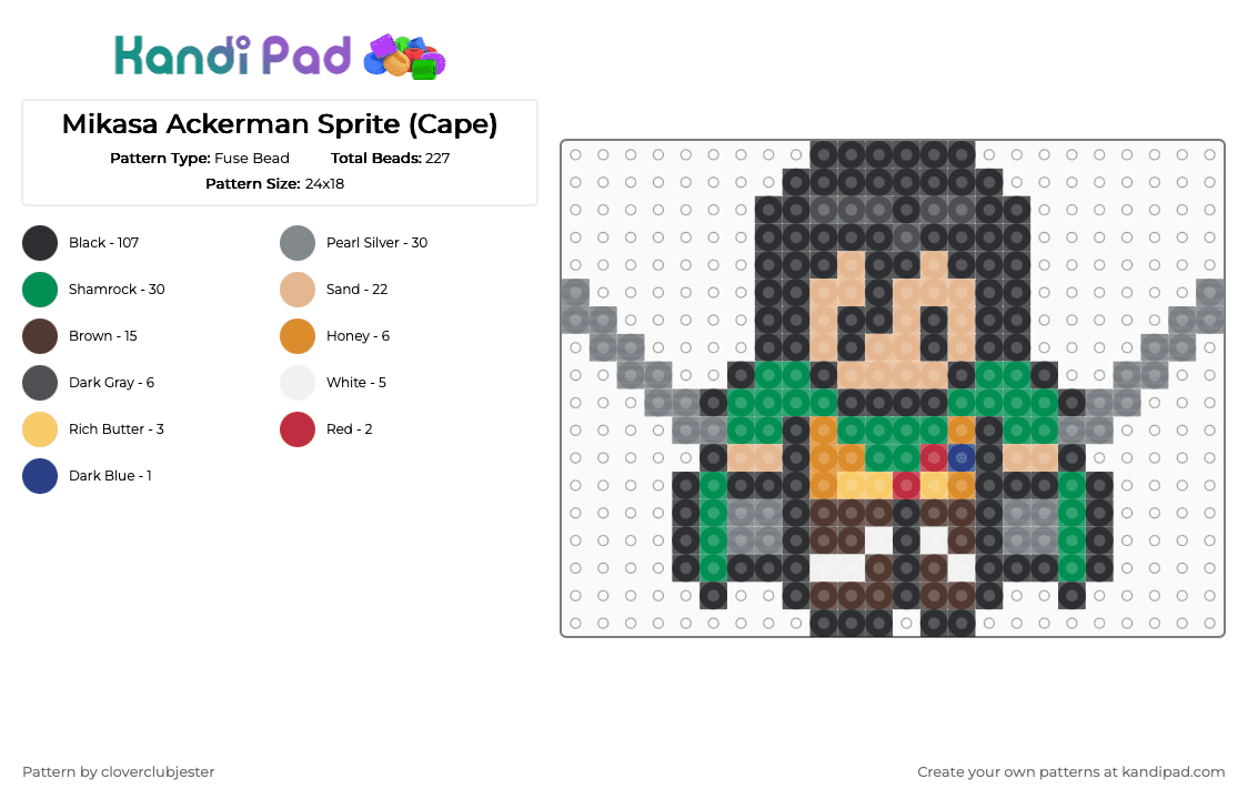 Mikasa Ackerman Sprite (Cape) - Fuse Bead Pattern by cloverclubjester on Kandi Pad - black,gray,beige,green,colorful