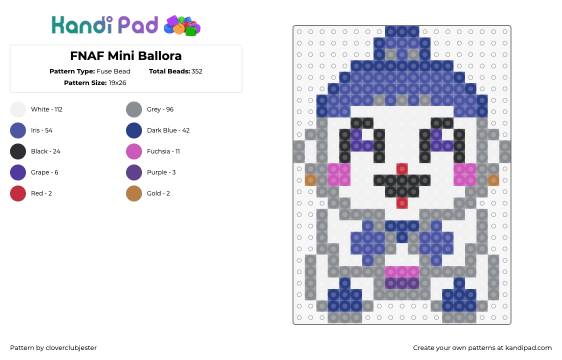 FNAF Mini Ballora - Fuse Bead Pattern by cloverclubjester on Kandi Pad - ballora,fnaf,five nights at freddys,video game,cute,horror,white,purple