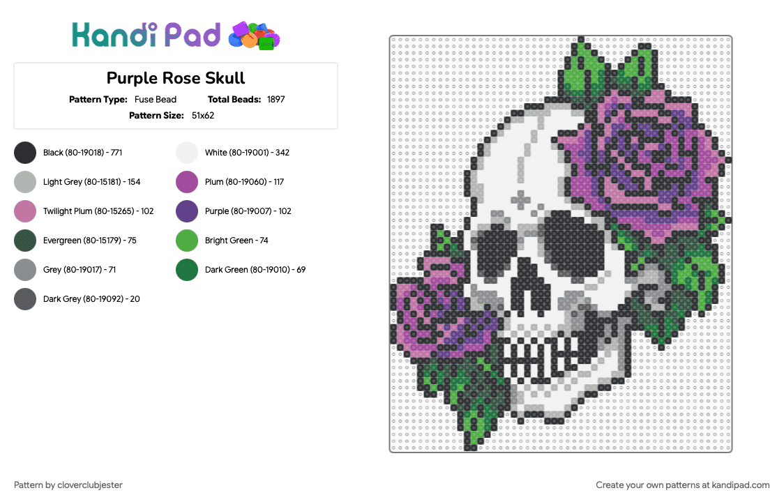 Purple Rose Skull - Fuse Bead Pattern by cloverclubjester on Kandi Pad - gray, pink
