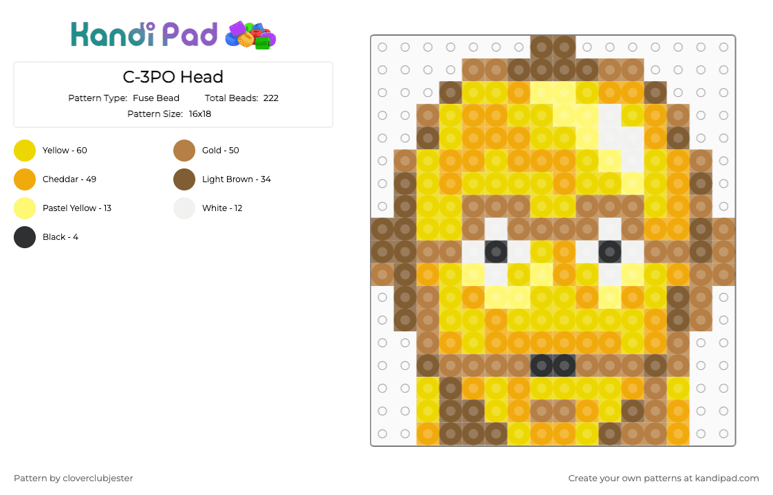 C-3PO Head - Fuse Bead Pattern by cloverclubjester on Kandi Pad - tan,yellow