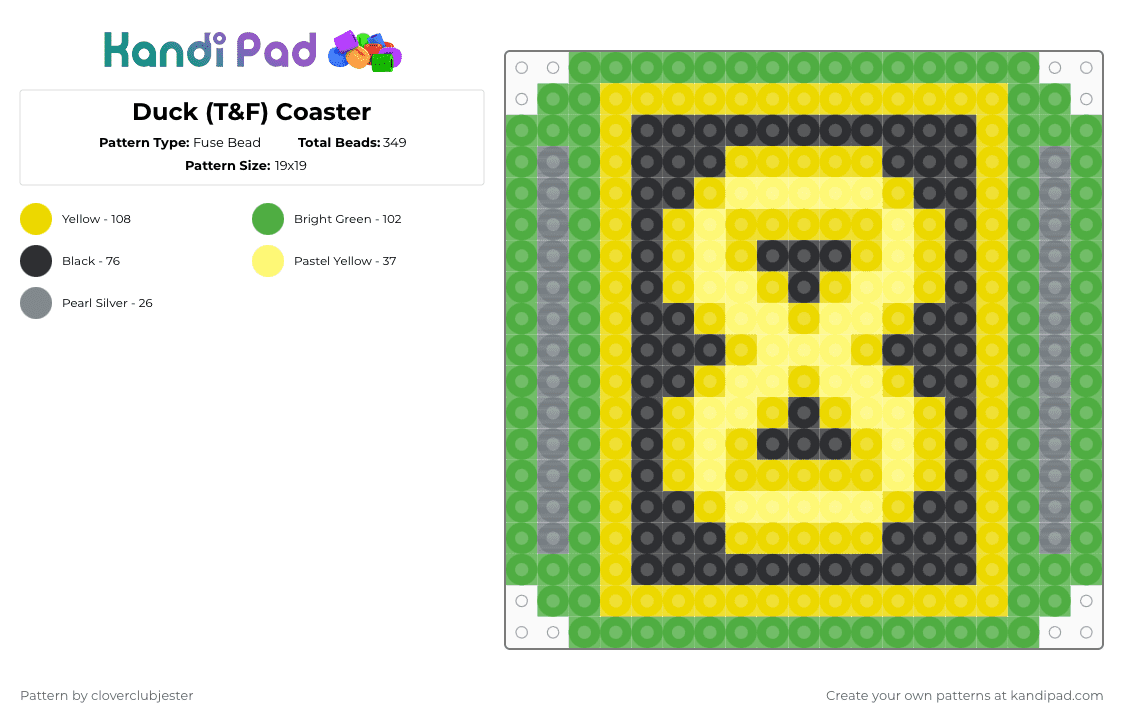 Duck (T&F) Coaster - Fuse Bead Pattern by cloverclubjester on Kandi Pad - green,yellow
