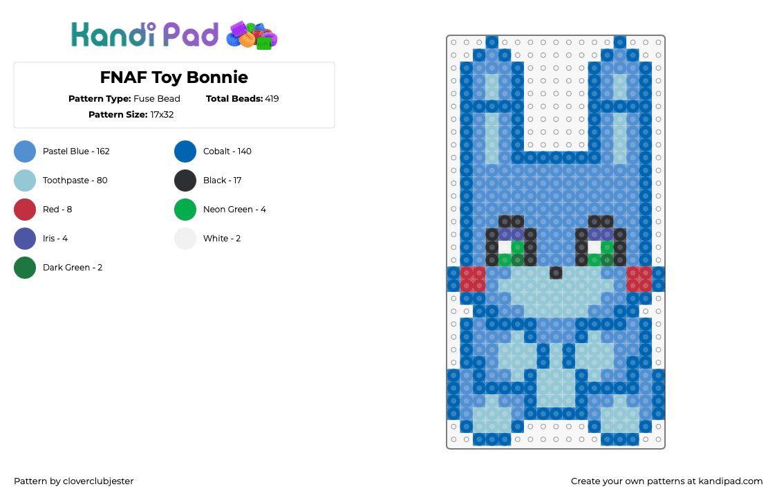 FNAF Mini Toy Bonnie - Fuse Bead Pattern by cloverclubjester on Kandi Pad - bonnie,fnaf,five nights at freddys,cute,teddy,video game,character,horror,blue,light blue