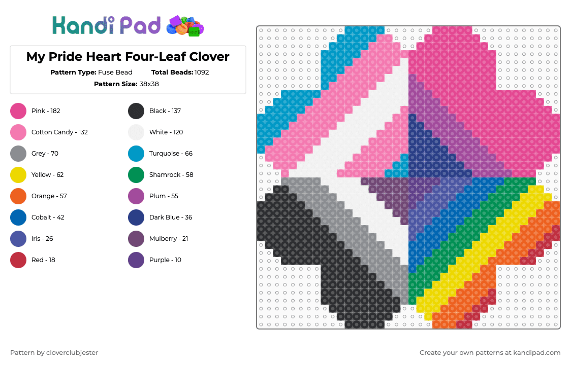 My Pride Heart Four-Leaf Clover - Fuse Bead Pattern by cloverclubjester on Kandi Pad - pink