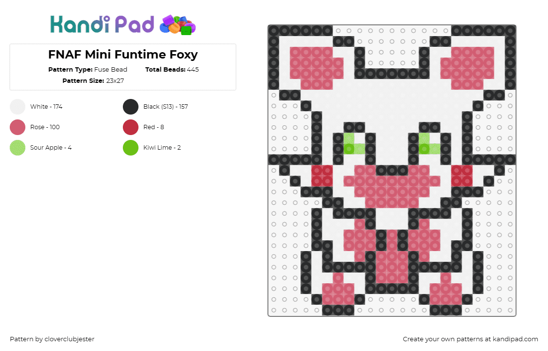 FNAF Mini Funtime Foxy - Fuse Bead Pattern by cloverclubjester on Kandi Pad - foxy,funtime,fnaf,five nights at freddys,video game,cute,horror,teddy,white,pink