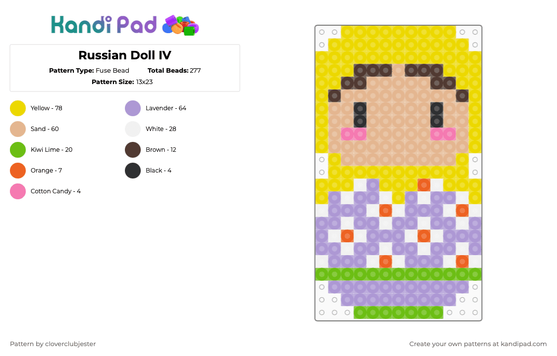 Russian Doll IV - Fuse Bead Pattern by cloverclubjester on Kandi Pad - beige, pink, yellow