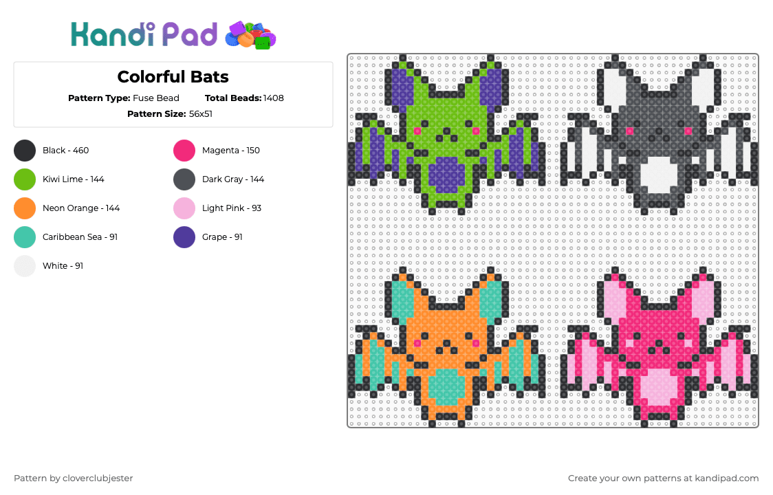 Colorful Bats - Fuse Bead Pattern by cloverclubjester on Kandi Pad - pink,green,gray,orange
