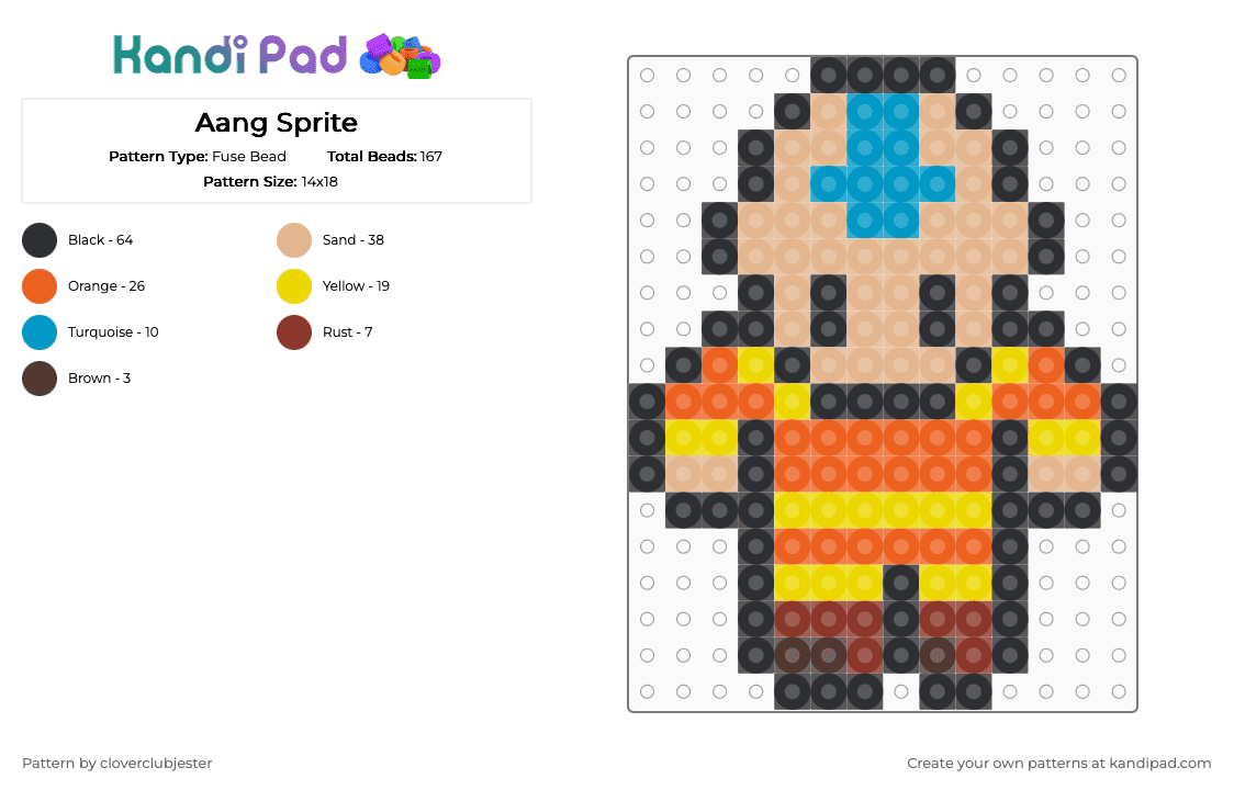 Aang Sprite - Fuse Bead Pattern by cloverclubjester on Kandi Pad - avatar,atla,anime,movie,beige,yellow,orange