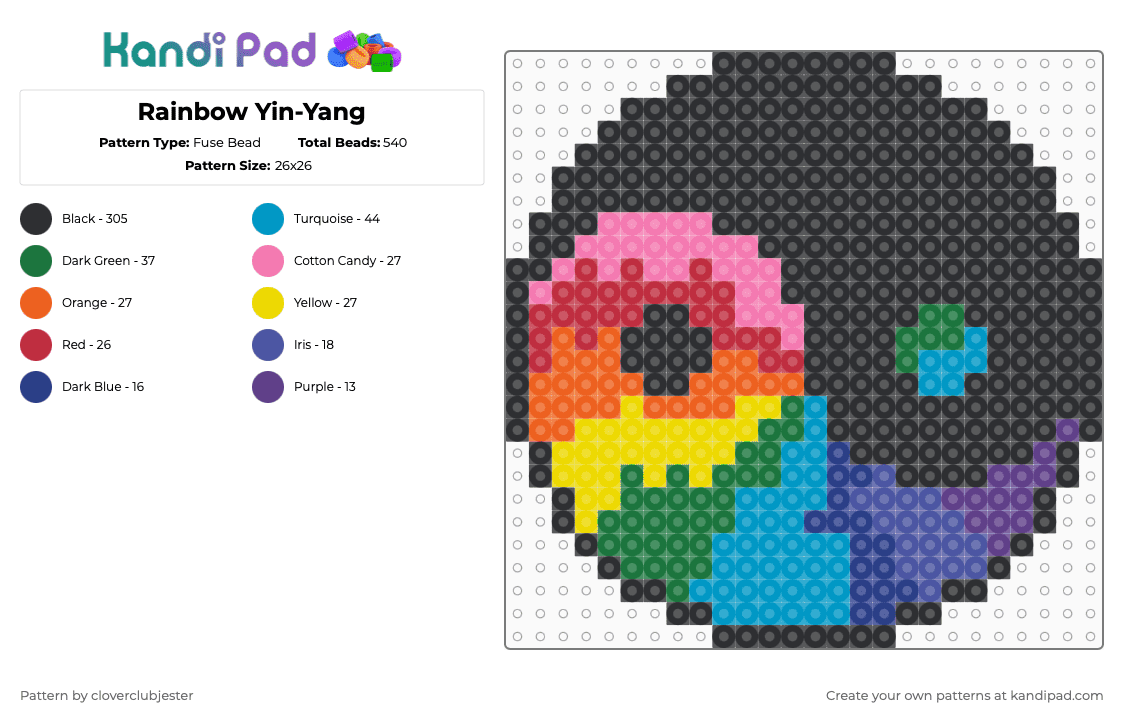 Rainbow Yin-Yang - Fuse Bead Pattern by cloverclubjester on Kandi Pad - black,red,light blue,green,yellow,colorful