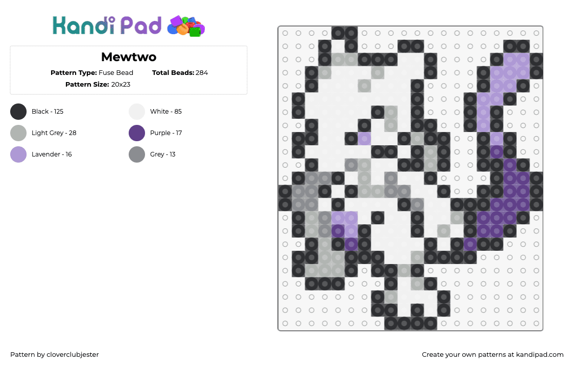 Mewtwo - Fuse Bead Pattern by cloverclubjester on Kandi Pad - mewtwo,pokemon,evolution,mew,gaming,character,white,purple