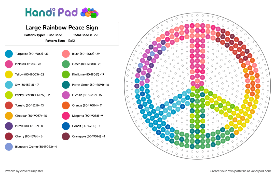Large Rainbow Peace Sign - Fuse Bead Pattern by cloverclubjester on Kandi Pad - green, light blue, pink, red