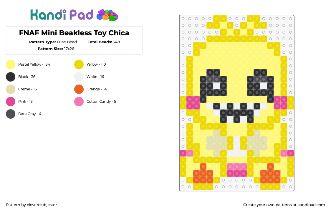 FNAF Mini Beakless Toy Chica - Fuse Bead Pattern by cloverclubjester on Kandi Pad - chica,fnaf,five nights at freddys,video game,cute,character,horror,yellow