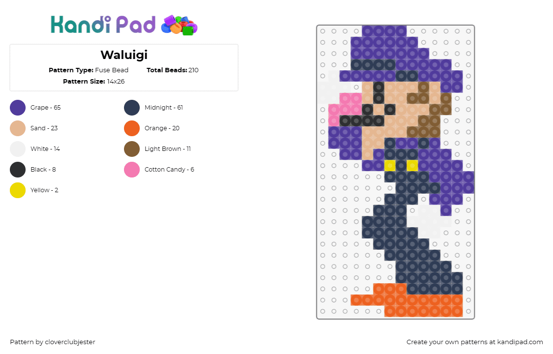 Waluigi - Fuse Bead Pattern by cloverclubjester on Kandi Pad - waluigi,nintendo,mario,character,video game,purple,tan