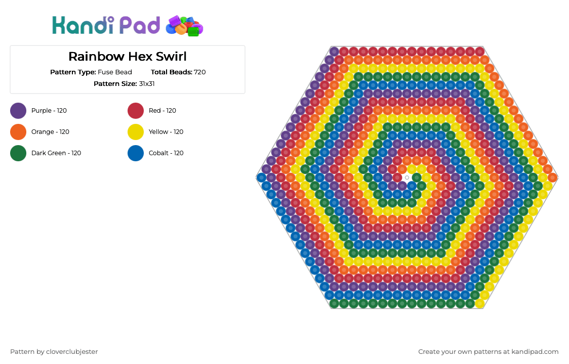 Rainbow Hex Swirl - Fuse Bead Pattern by cloverclubjester on Kandi Pad - red,yellow,blue,colorful