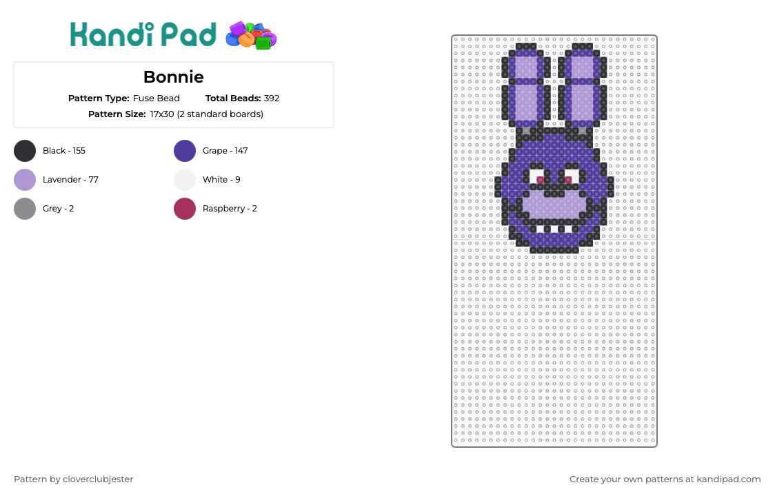 Bonnie - Fuse Bead Pattern by cloverclubjester on Kandi Pad - bonnie,fnaf,five nights at freddys,video game,character,horror,purple