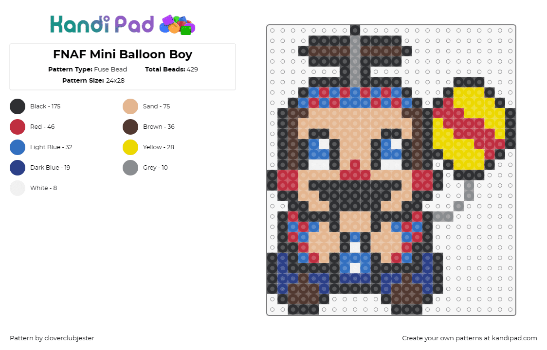 FNAF Mini Balloon Boy - Fuse Bead Pattern by cloverclubjester on Kandi Pad - baloon boy,fnaf,five nights at freddys,video game,cute,character,horror,yellow,t