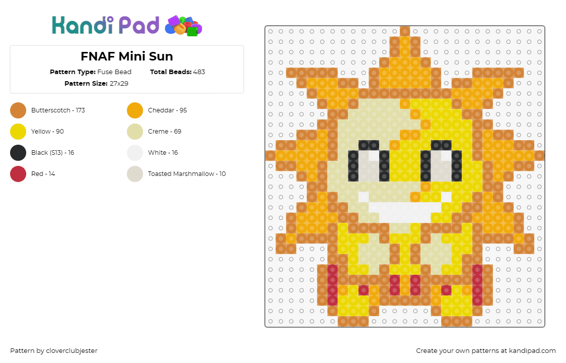 FNAF Mini Sun - Fuse Bead Pattern by cloverclubjester on Kandi Pad - sun,fnaf,five nights at freddys,video game,smile,horror,orange,yellow