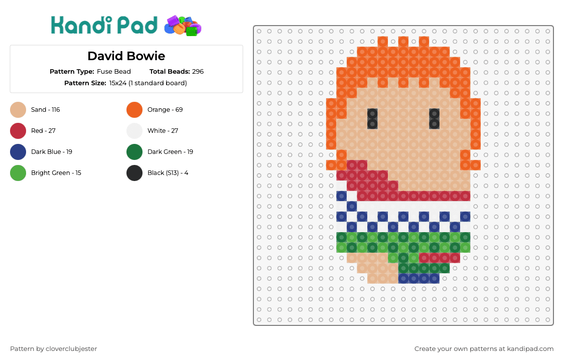 David Bowie - Fuse Bead Pattern by cloverclubjester on Kandi Pad - david bowie,music,artist,weeble wobble,tan,orange,green