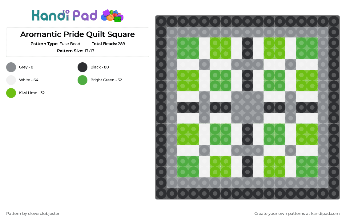 Aromantic Pride Quilt Square - Fuse Bead Pattern by cloverclubjester on Kandi Pad - gray,green