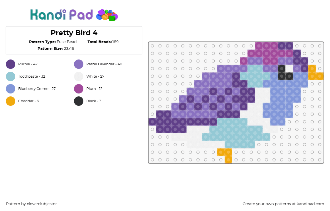 Pretty Bird 4 - Fuse Bead Pattern by cloverclubjester on Kandi Pad - bird,animal,winged,cute,purple,teal