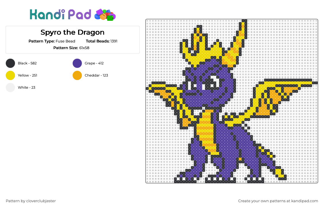 Spyro the Dragon - Fuse Bead Pattern by cloverclubjester on Kandi Pad - yellow,purple