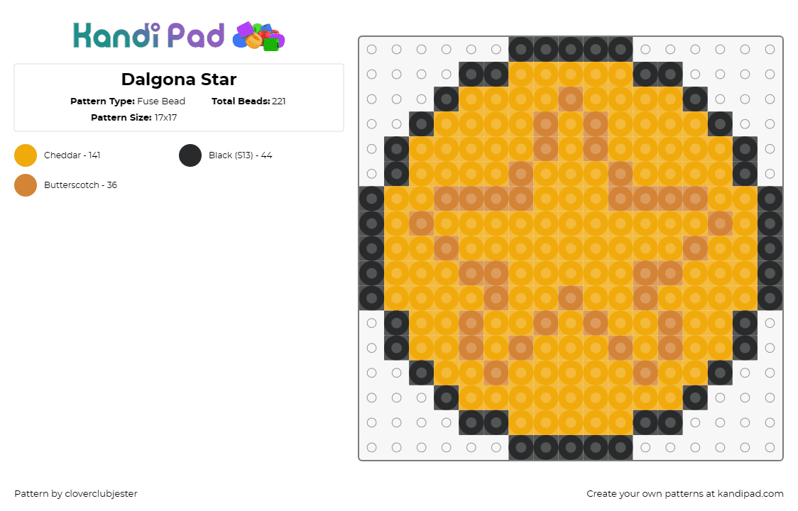 Dalgona Star - Fuse Bead Pattern by cloverclubjester on Kandi Pad - dalgona,squid game,cookie,candy,star,coin,tv show,orange,yellow