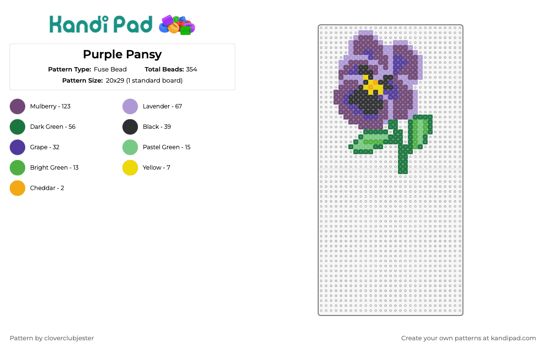 Purple Pansy - Fuse Bead Pattern by cloverclubjester on Kandi Pad - pansy,flower,plant,nature,garden,purple,green
