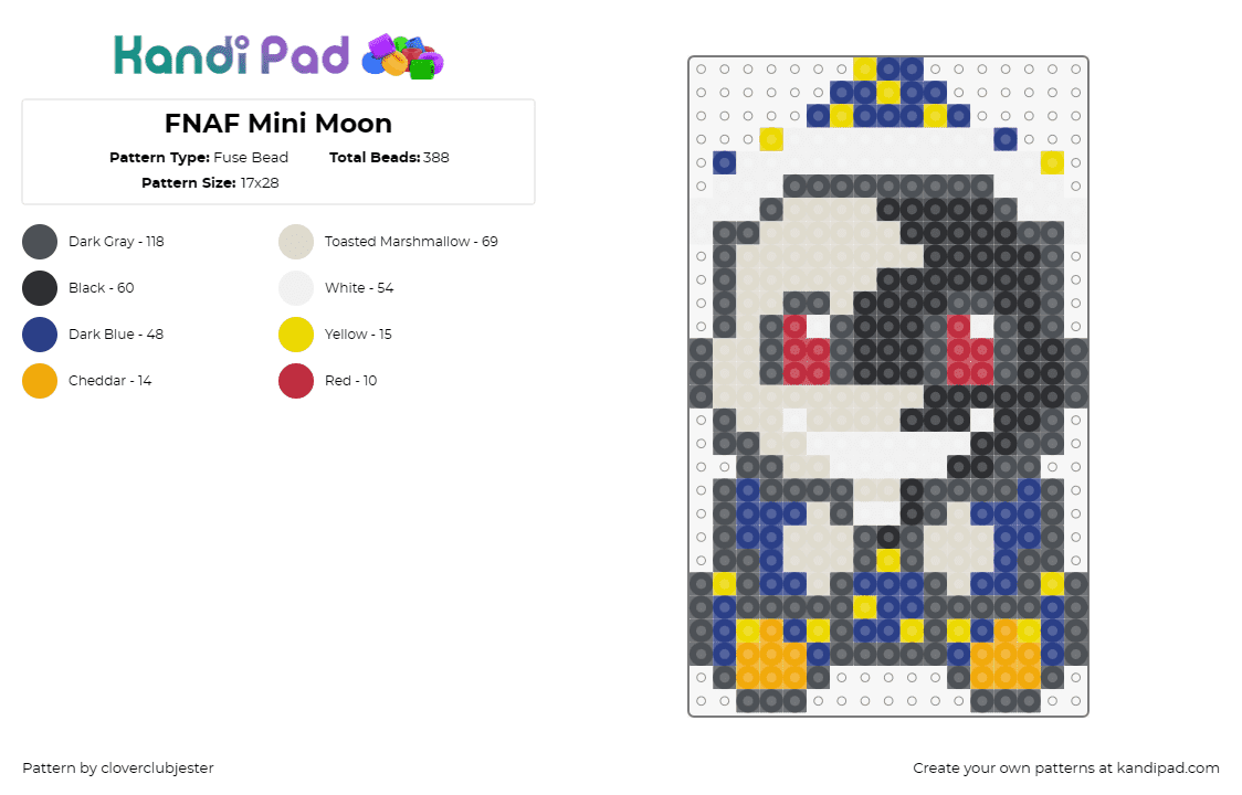 FNAF Mini Moon - Fuse Bead Pattern by cloverclubjester on Kandi Pad - moon,fnaf,five nights at freddys,video game,smile,horror,gray,blue