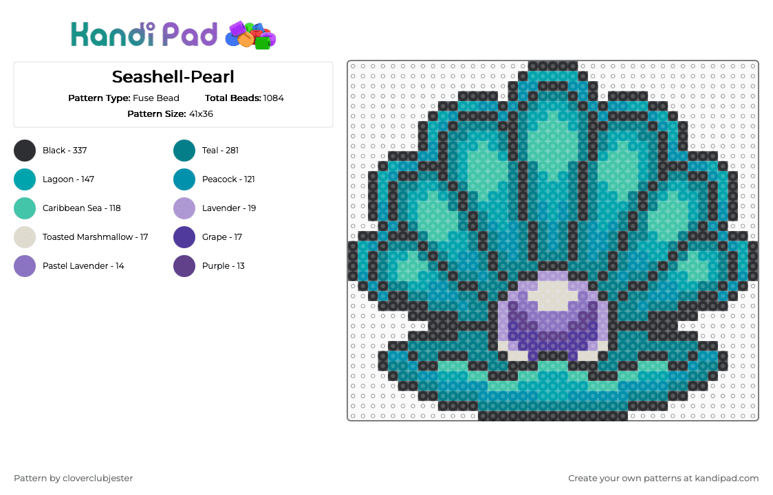 Seashell w/Pearl - Fuse Bead Pattern by cloverclubjester on Kandi Pad - teal