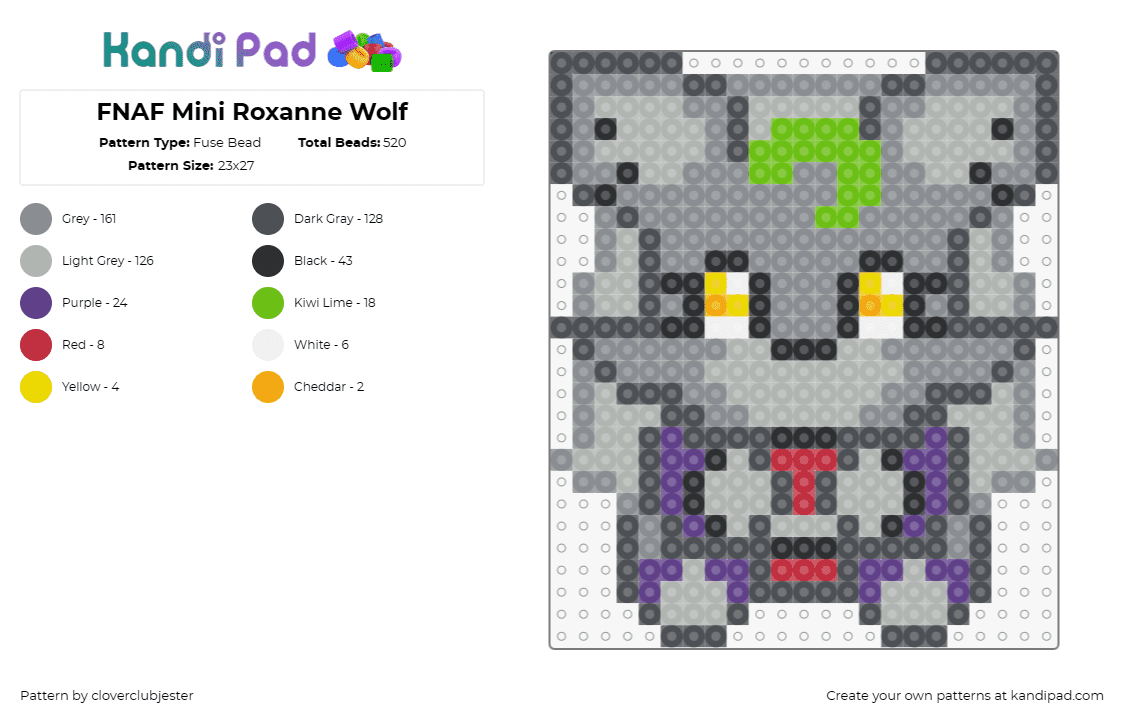 FNAF Mini Roxanne Wolf - Fuse Bead Pattern by cloverclubjester on Kandi Pad - roxanne,wolf,fnaf,five nights at freddys,video game,horror,gray