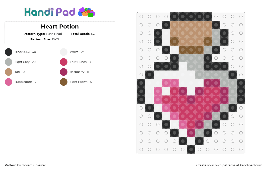 Heart Potion - Fuse Bead Pattern by cloverclubjester on Kandi Pad - potion,heart,love,jar,vial,magic,cork,pink,tan