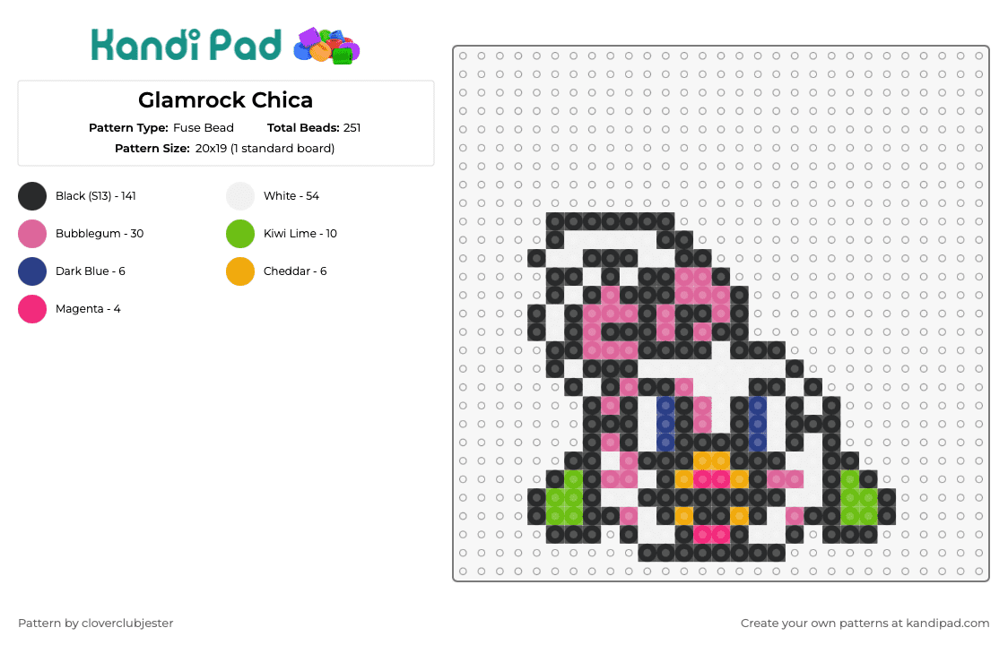 Glamrock Chica - Fuse Bead Pattern by cloverclubjester on Kandi Pad - chica,glamrock,fnaf,five nights at freddys,video game,character,horror,white,pink