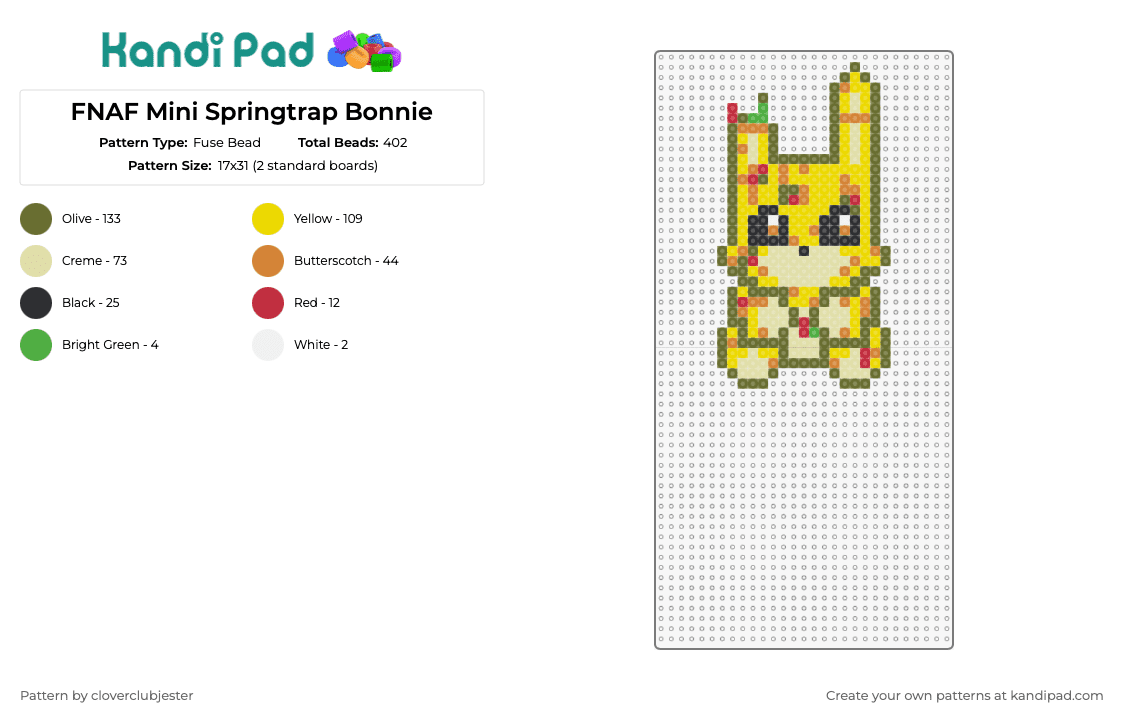 FNAF Mini Springtrap Bonnie - Fuse Bead Pattern by cloverclubjester on Kandi Pad - bonnie,springtrap,fnaf,five nights at freddys,video game,teddy,character,horror,yellow