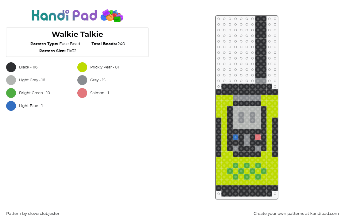 Walkie Talkie - Fuse Bead Pattern by cloverclubjester on Kandi Pad - walkie talkie,telephone,electronic,communication,green