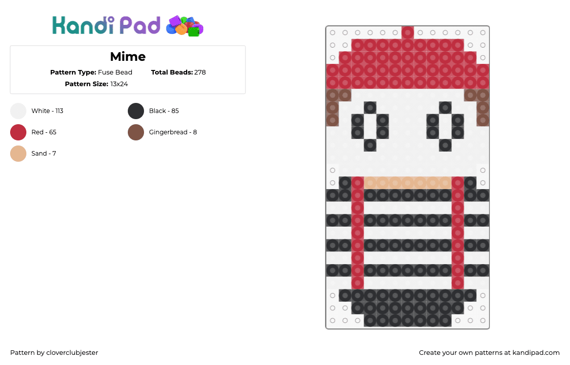 Mime - Fuse Bead Pattern by cloverclubjester on Kandi Pad - mini,chibi,clown,character,white,red,black
