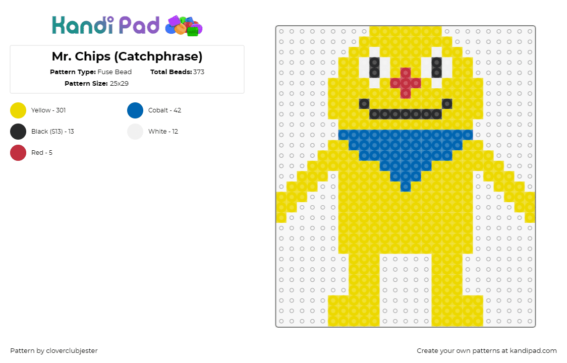 Mr. Chips (Catchphrase) - Fuse Bead Pattern by cloverclubjester on Kandi Pad - mr chips,catchphrase,mascot,character,gaming,tv show,yellow,blue