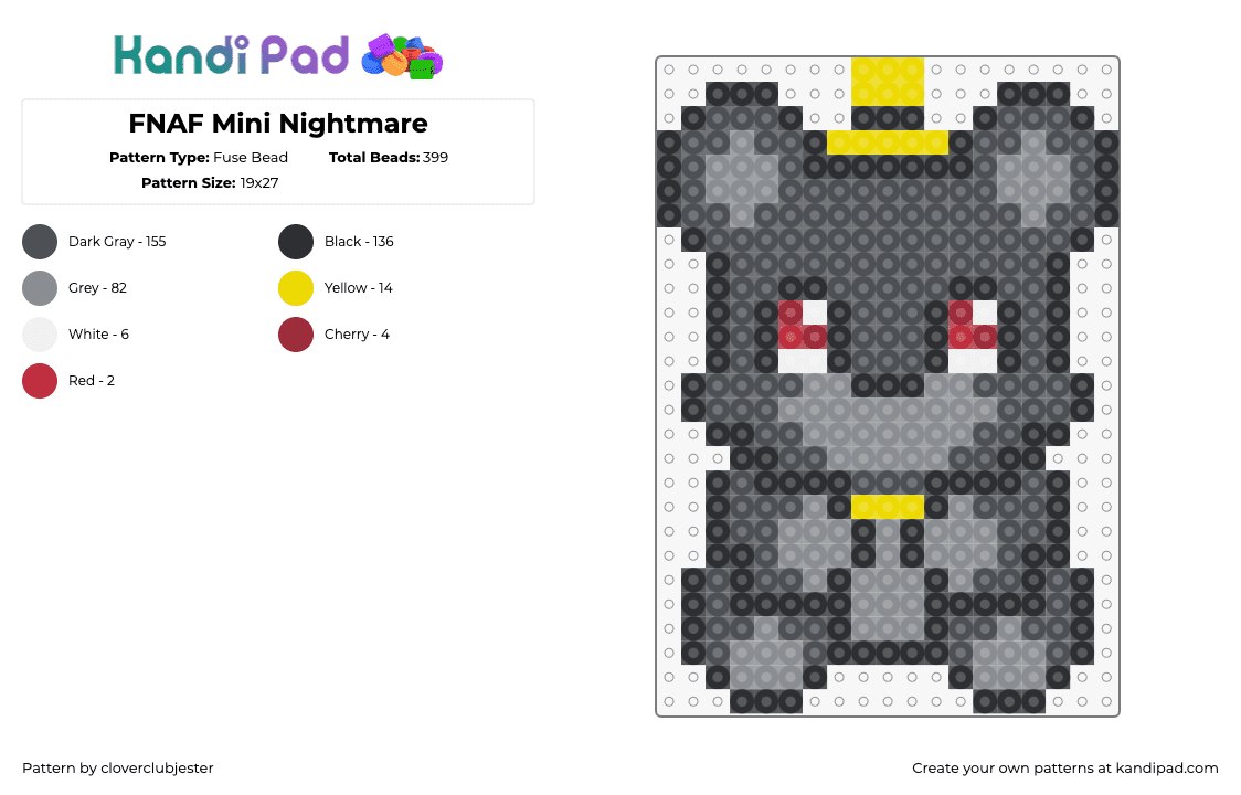 FNAF Mini Nightmare - Fuse Bead Pattern by cloverclubjester on Kandi Pad - nightmare,fnaf,five nights at freddys,cute,teddy,video game,character,horror,gray