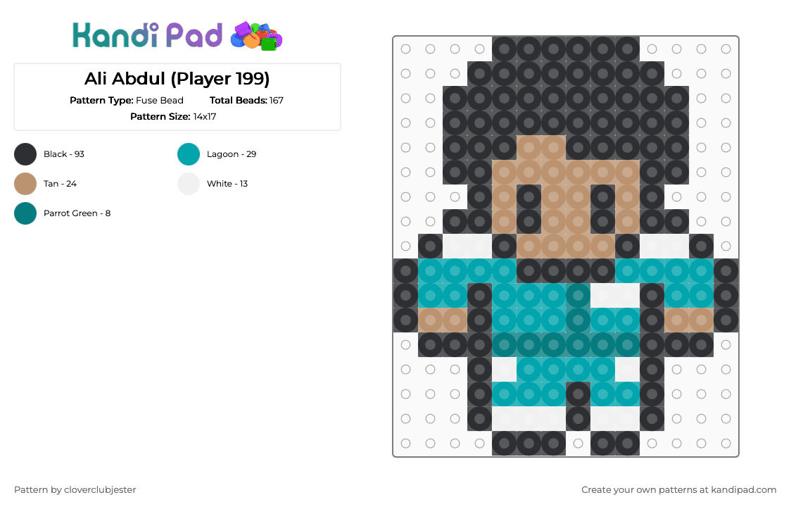 Ali Abdul (Player 199) - Fuse Bead Pattern by cloverclubjester on Kandi Pad - black,teal,beige