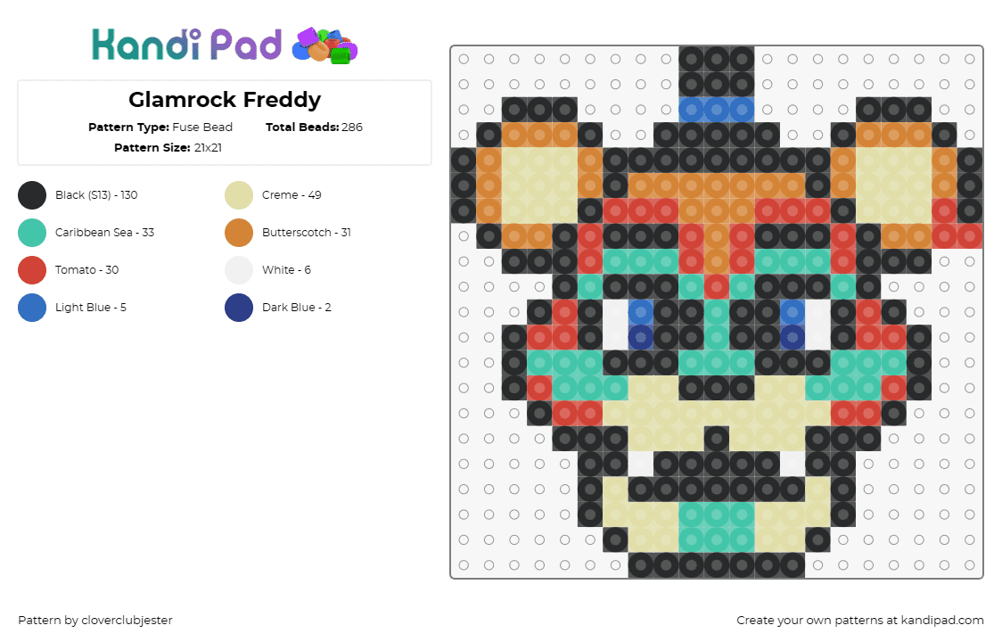 Glamrock Freddy - Fuse Bead Pattern by cloverclubjester on Kandi Pad - freddy fazbear,glamrock,fnaf,five nights at freddys,video game,character,horror,