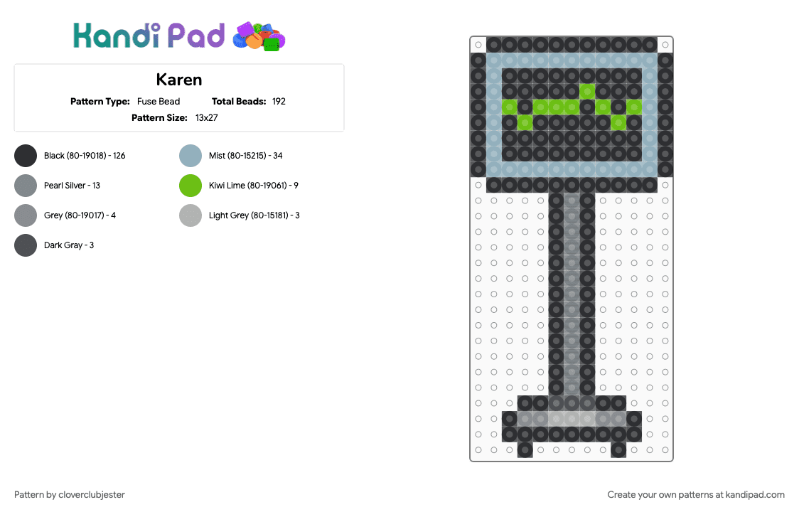 Karen - Fuse Bead Pattern by cloverclubjester on Kandi Pad - black, gray, light blue