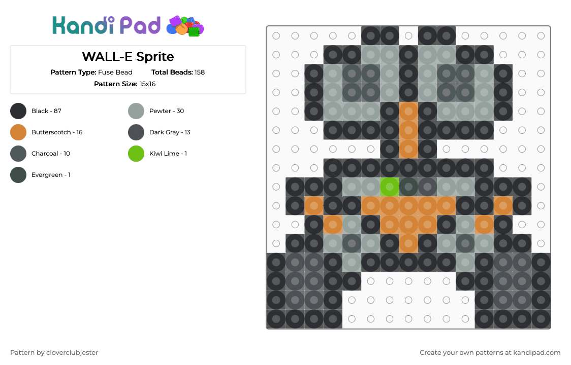WALL-E Sprite - Fuse Bead Pattern by cloverclubjester on Kandi Pad - black,gray