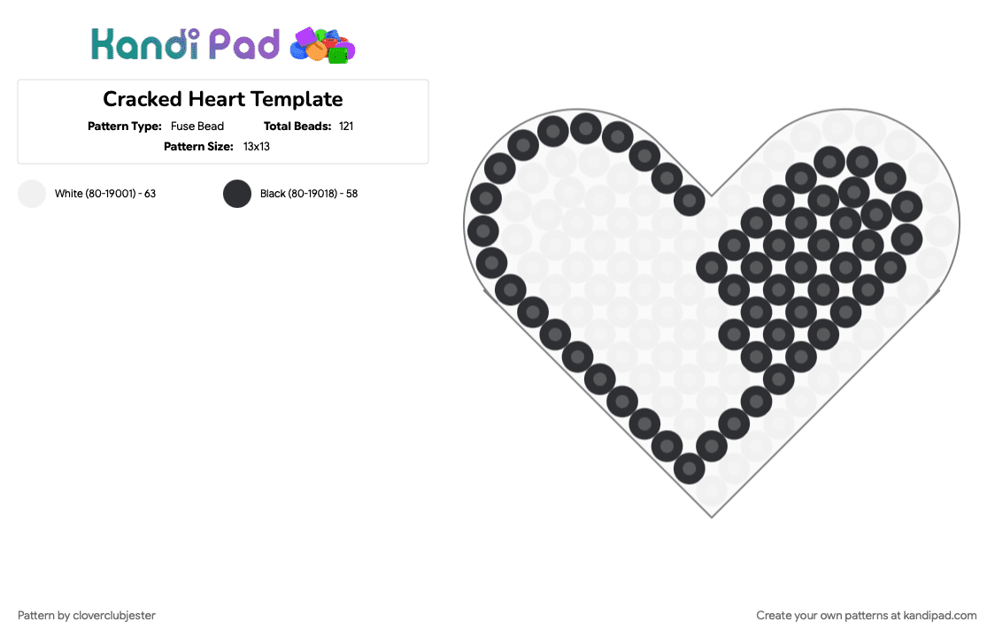 Cracked Heart Template - Fuse Bead Pattern by cloverclubjester on Kandi Pad - black, white