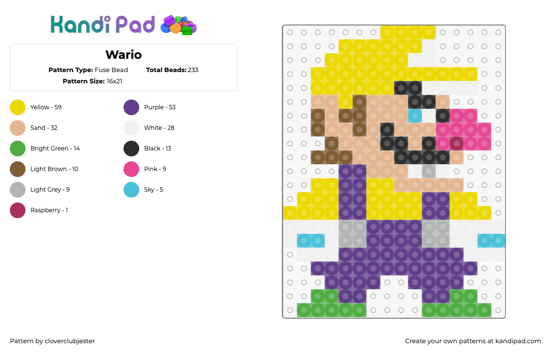 Wario - Fuse Bead Pattern by cloverclubjester on Kandi Pad - wario,nintendo,character,video game,yellow,purple