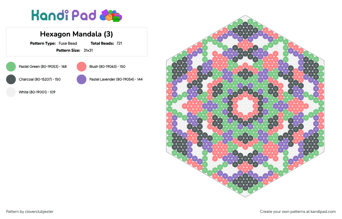 Hexagon Mandala (3) - Fuse Bead Pattern by cloverclubjester on Kandi Pad - blue, pink, red, teal