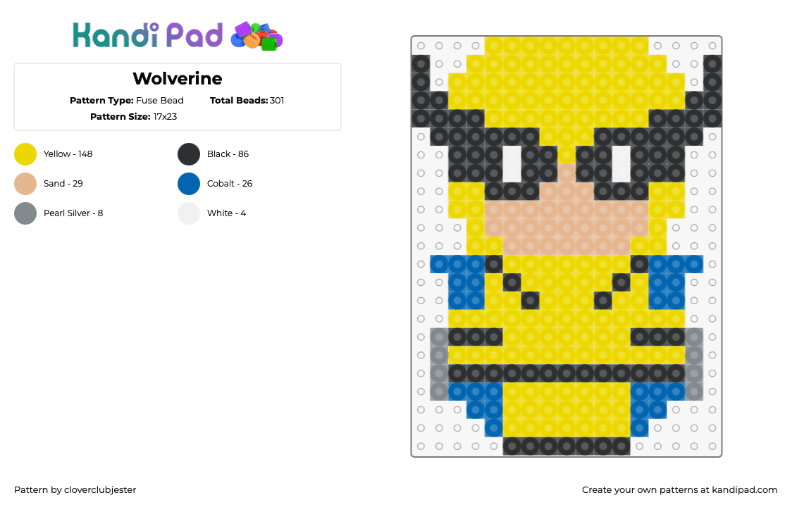 Wolverine - Fuse Bead Pattern by cloverclubjester on Kandi Pad - wolverine,xmen,superhero,marvel,comic,character,chibi,yellow