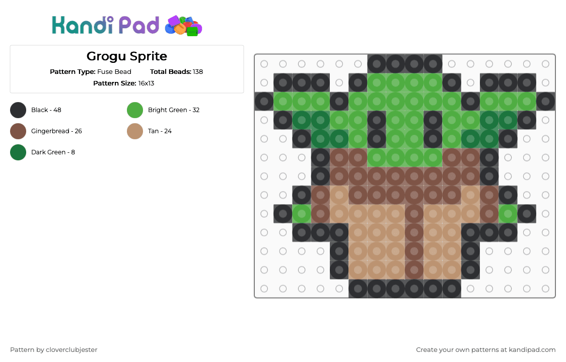 Grogu Sprite - Fuse Bead Pattern by cloverclubjester on Kandi Pad - green