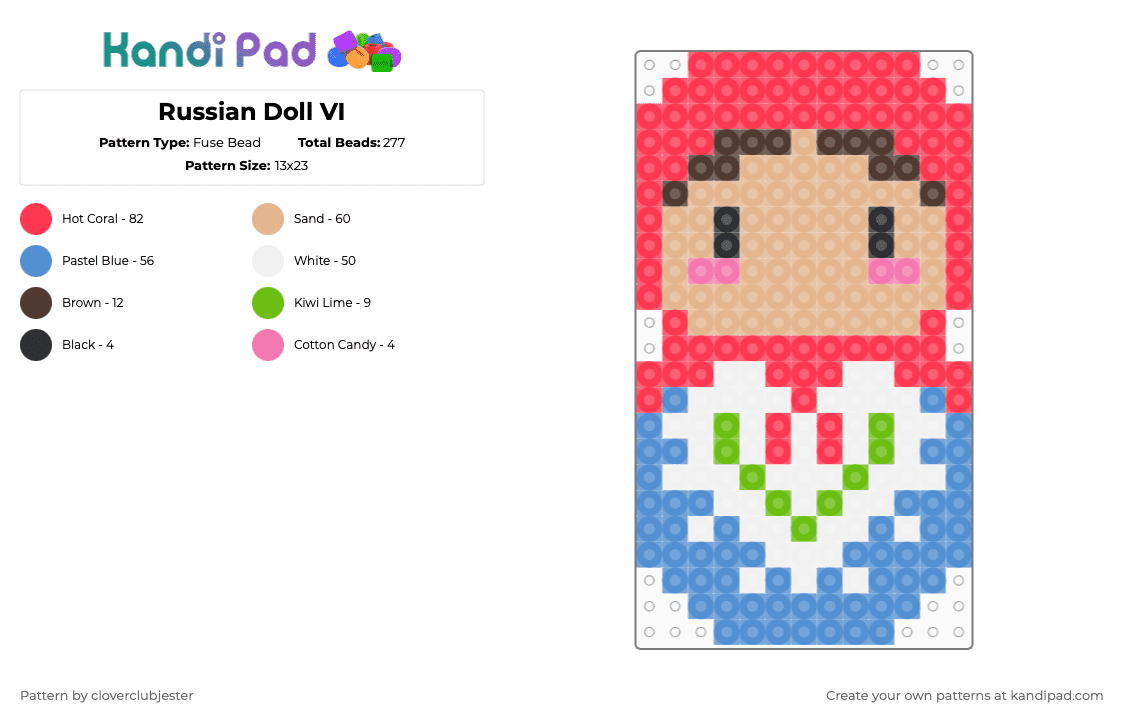 Russian Doll VI - Fuse Bead Pattern by cloverclubjester on Kandi Pad - beige, light blue, red