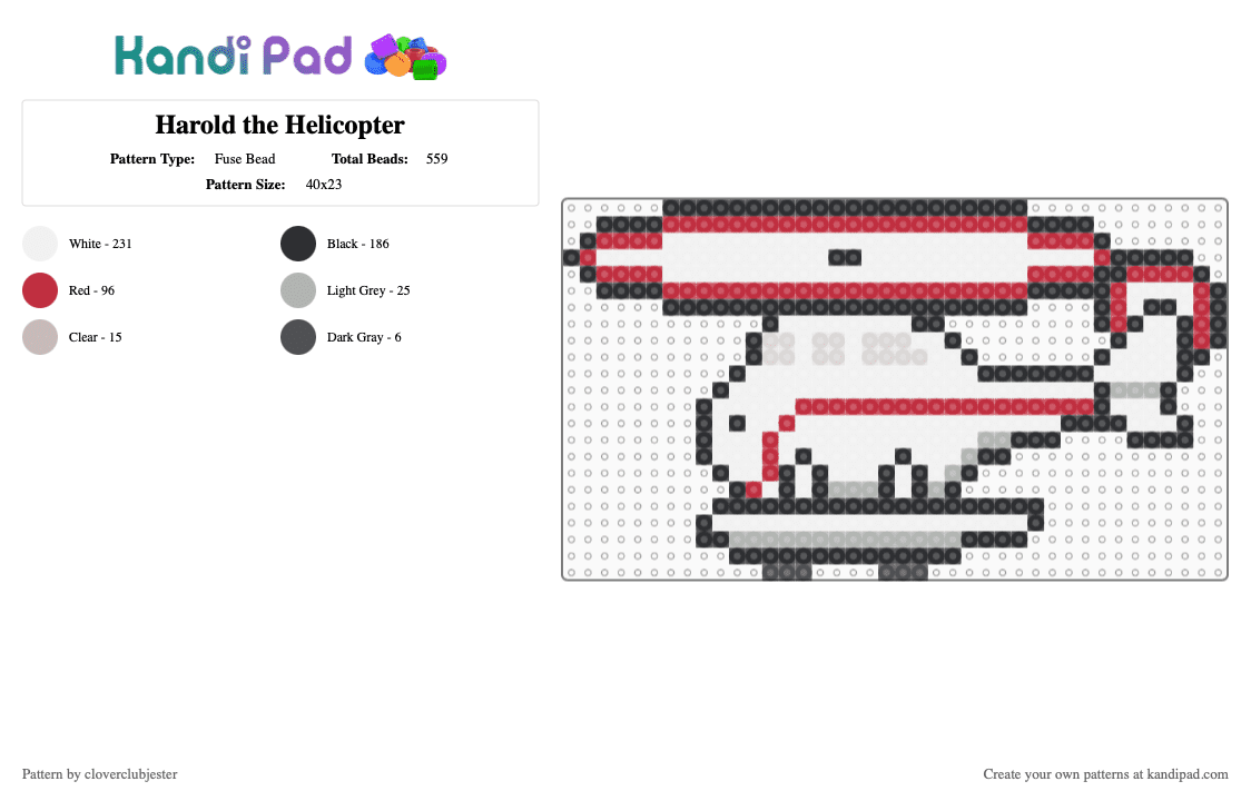 Harold the Helicopter - Fuse Bead Pattern by cloverclubjester on Kandi Pad - white,red