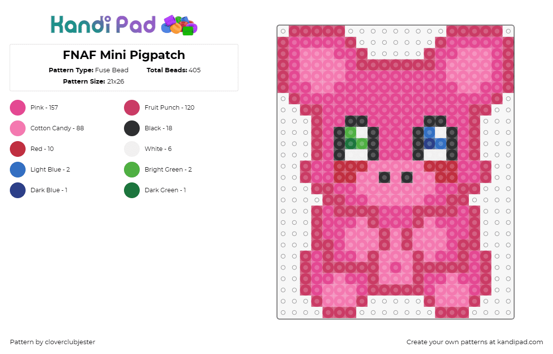 FNAF Mini Pigpatch - Fuse Bead Pattern by cloverclubjester on Kandi Pad - pigpatch,fnaf,five nights at freddys,video game,smile,horror,pink