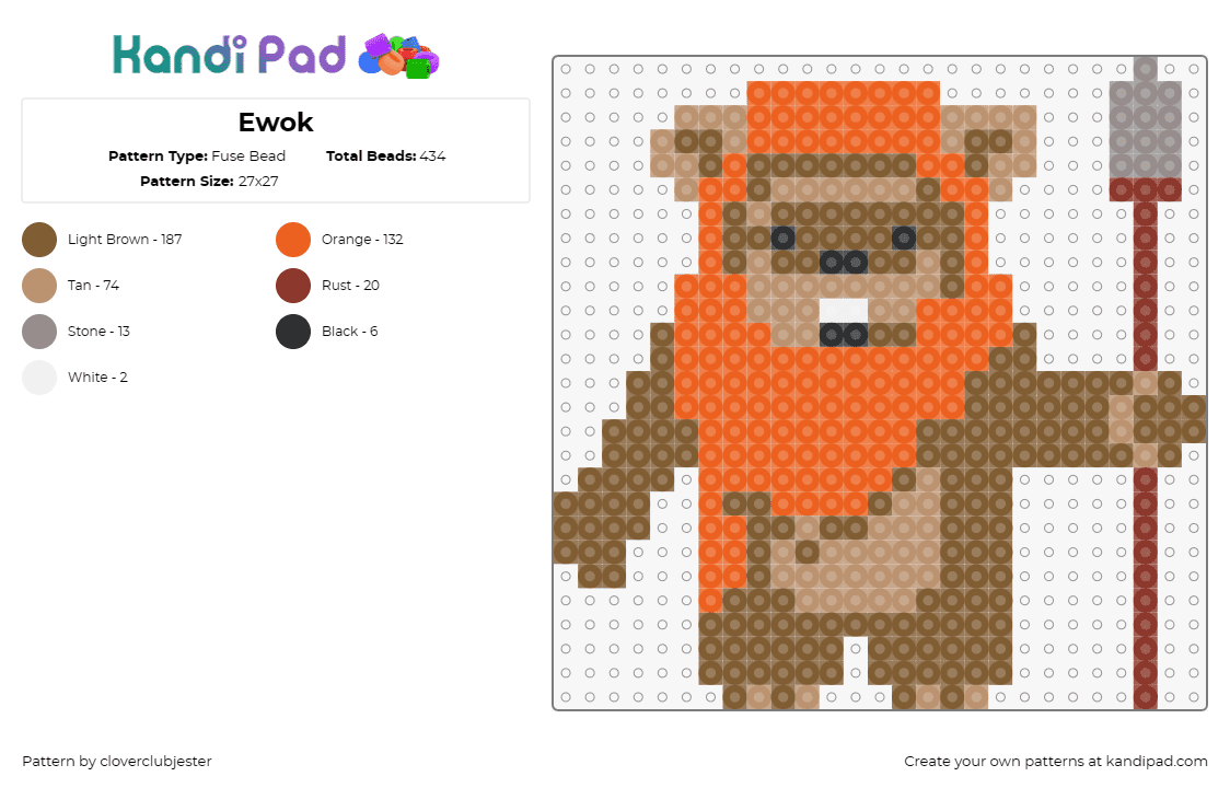 Ewok - Fuse Bead Pattern by cloverclubjester on Kandi Pad - ewok,star wars,teddy bear,character,movie,cute,scifi,spear,orange,tan,brown